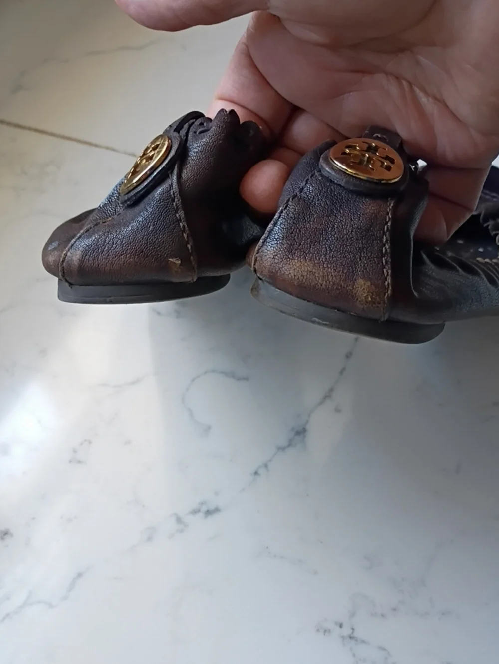 Tory Burch Brown Leather Ballet Flats with Metallic Purple Toe